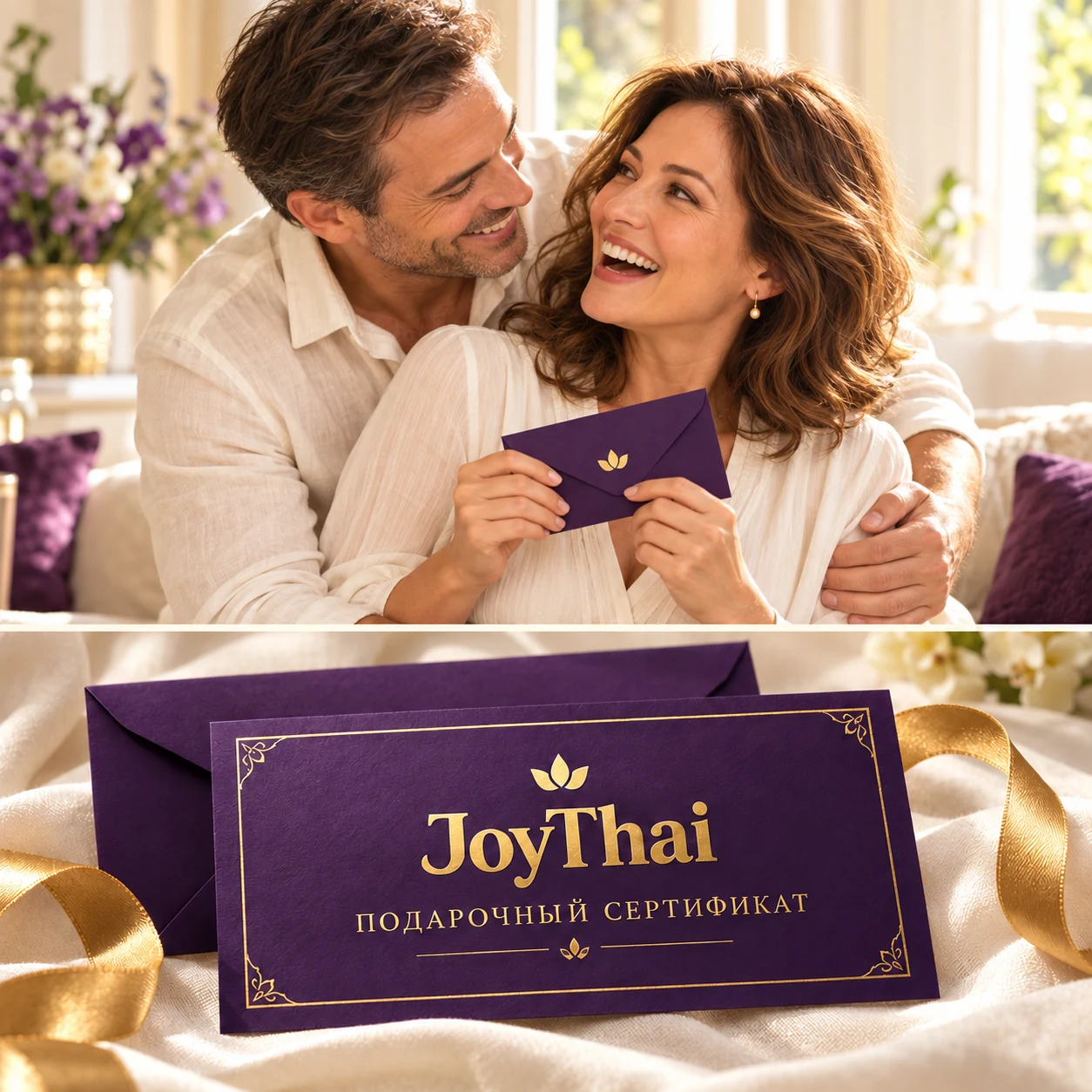 Коллаж: мужчина дарит женщине сертификат JoyThai, она радуется подарку; ниже — сертификат крупным планом